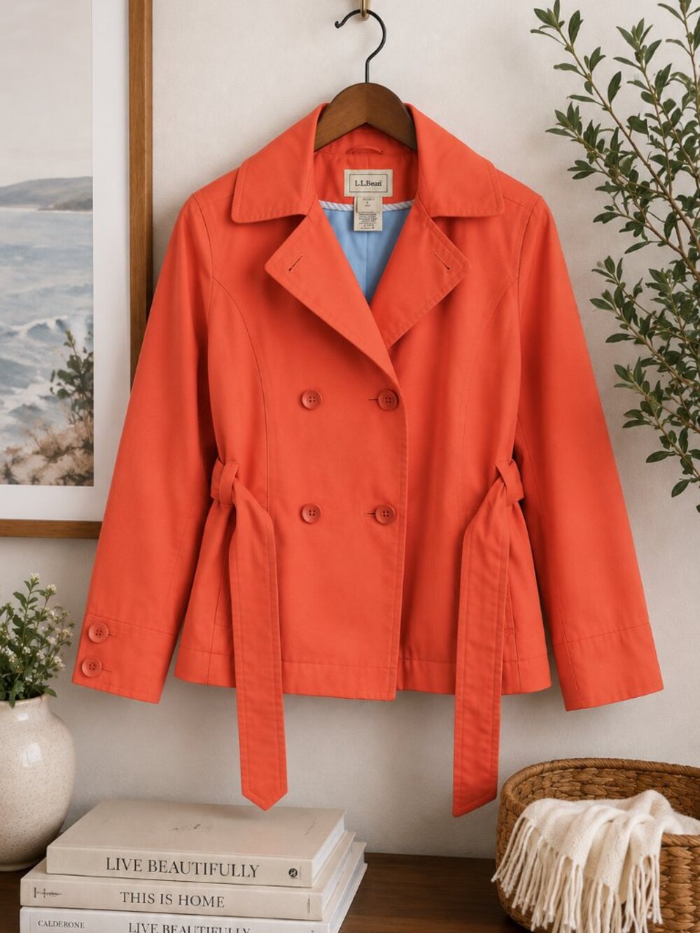 L.L.Bean Coral Orange Cotton Belted Trench Jacket Women’s Large Petite